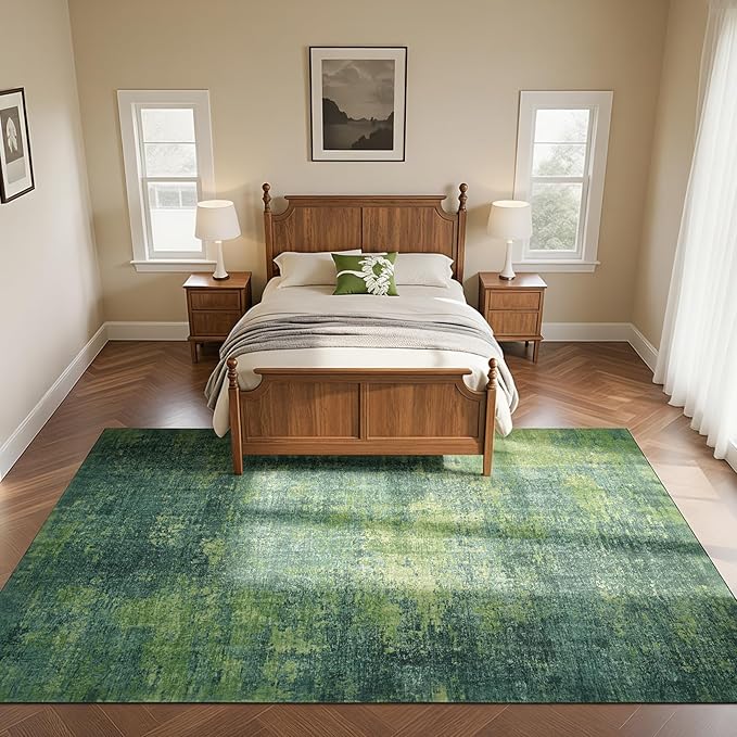 Washable Rugs 8x10 Area Rugs for Living Room-Green Modern Abstract Rugs for Bedroom,Dining Room,Large Soft Low Pile Carpet with Non Slip Rubber Backing,Neutral Accent Rug for Nursery Home Office