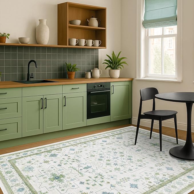 Hazo Haus Cream Oushak 7x9 Bedroom Rug - Boho Floral Cool Blue and Green, Washable Low Pile Non-Slip Ultra-Thin Large Area Rugs for Playroom, Bed Room, Living Room