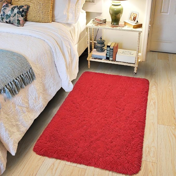 Pionblank Fluffy Small Rug for Bedroom 2x3 Feet, Shag Soft Area Rug for Bedside, Modern Plush Cute Carpet for Kids Girls Boys Room Nursery Decor, Red