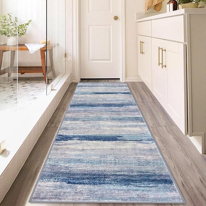 KOZYFLY 3x8 Ft Rug Modern Ombre Runner Rug for Hallway, Washable Kitchen Rugs Non-Slip Soft Striped Entryway Rug, Print Blue/Grey/Beige Abstract Carpet for Laundry Nursery