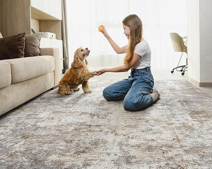 UERMEI 5x8 Area Rug Living Room Rugs - Washable Neutral Modern Abstract Soft Thin Large Rug Indoor Floor No Slip Rug Carpet for Bedroom Under Dining Table Home Office Decor - Brown Grey