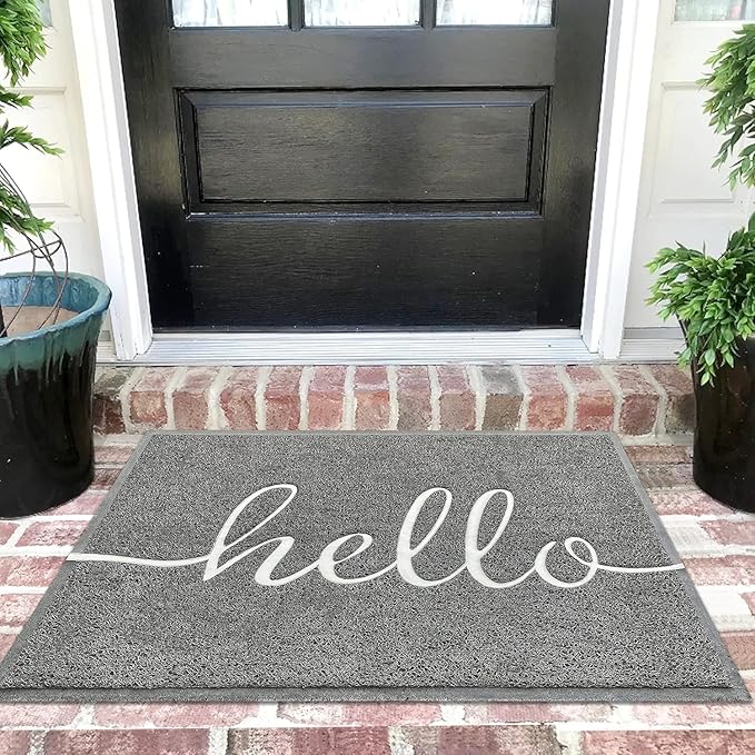 EARTHALL Door Mat Outside Inside Hello Doormat, 36"x24", Durable Floor Mat Non Slip Mat Ultra Absorb Mud Easy Clean Front Doormat for Garage, Entryway, Patio, High Traffic Areas, Grey