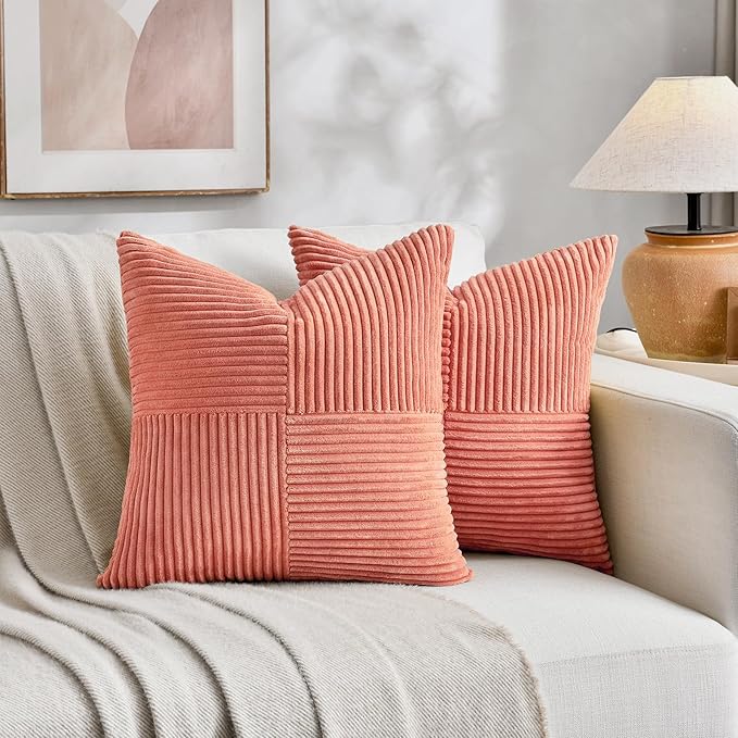 Fancy Homi 2 Packs Coral Samll Decorative Throw Pillow Covers 12x12 Inch with for Couch Bed Sofa, Rustic Farmhouse Boho Home Decor, Soft Corss Patchwork Corduroy Square Peach Cushion Case 30x30 cm