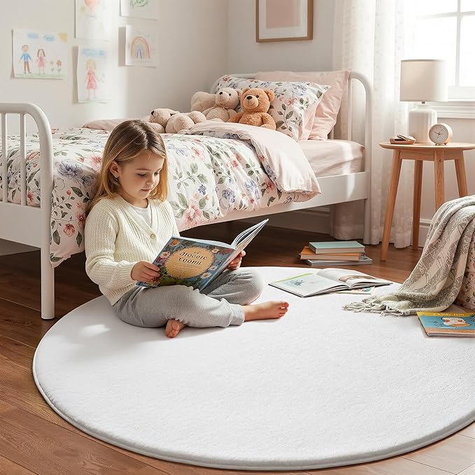 Amearea White Round Area Rugs 4ft Washable Circle Rugs for Bedroom Living Room, Fluffy Indoor Thickened Memory Foam Rug, Non Slip Minimalist Circular Carpet for Kids Boys Girls Dorm Nursery Room Decor