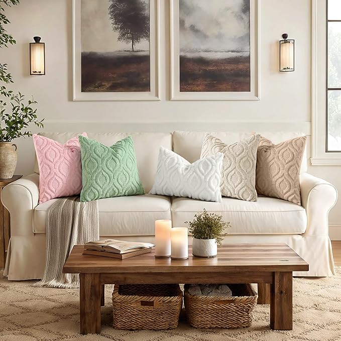 decorUhome Throw Pillow Covers 18x18 Inch Set of 2, Soft Plush Faux Wool Beige Solid Couch Pillow Covers, Accent Farmhouse Neutral Square Pillow Cases for Sofa Bed Living Room