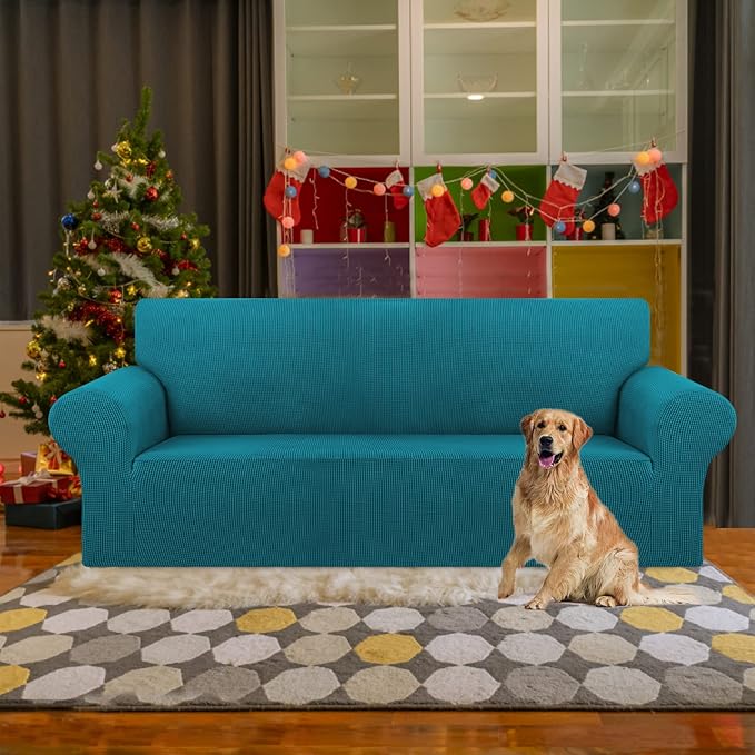 KEKUOU Stretch Sofa Cover Slipcover ，Couch Covers for 3 Cushion Couch Sofa pet Friendly (78"-94") Furniture Protector Sofa with Elastic Bottom for Kids,Dog, Jacquard Small Checked(Large,Peacock Blue)