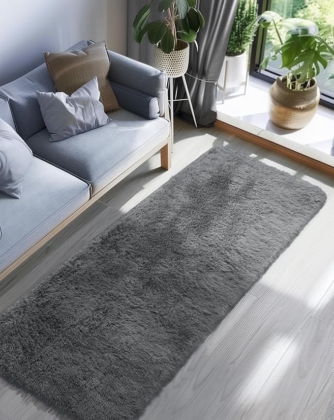 Ophanie 2x8 Runner Rug for Hallway, Upgrade Non-Slip Fluffy Soft Bedside Rugs, Bedroom Living Room Grey Shaggy Gray Carpet for Kids Girls Boys Dorm Nursery Home Decor Aesthetic