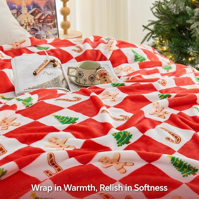 BEDELITE Christmas Throw Blanket – Red and White Checkered Holiday Blanket with Gingerbread Man, Candy Cane & Christmas Tree Pattern, Soft Warm Fleece Christmas Blanket for Home Décor & Gift, 50"x60"