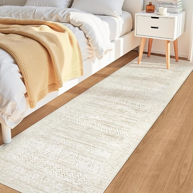 2x8 Washable Runner Rug: Moroccan Geometric Boho Rug Farmhouse Non Slip Stain Resistant Rugs Low Pile Soft Carpet for Porch Kitchen Laundry Room Living Room Bedroom (Ivory Beige,2'x8')