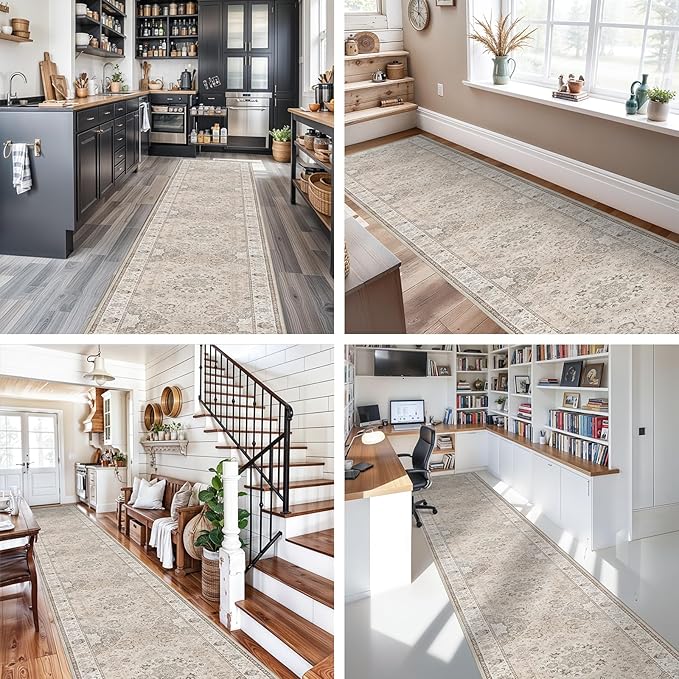 Hallway Washable Runner Rug - 3x20 Kitchen Rugs Entryway Rug Long Runner Vintage Soft Floor Mat Non Slip Indoor Farmhouse Carpet for Bathroom Living Room Bedroom (3 X 20, Beige)