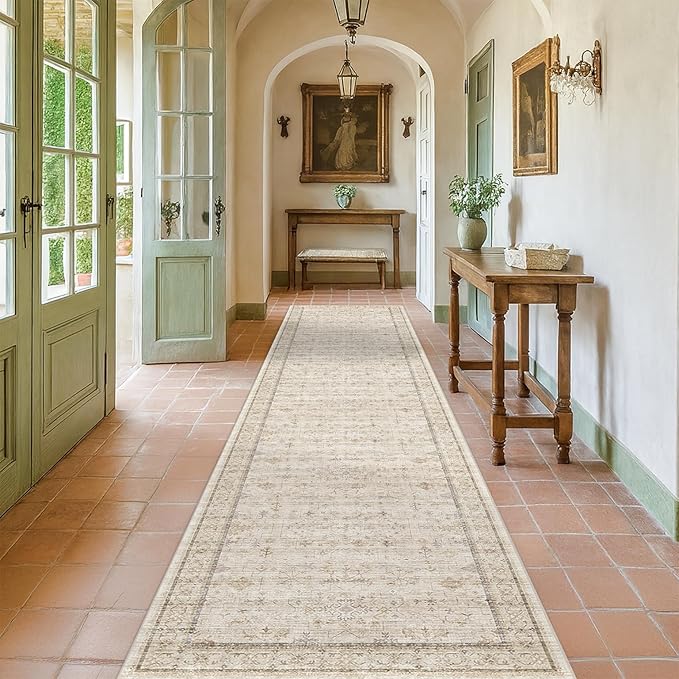 Beige Cream 2x10 Long Hallway Runner Rug, Non Slip Farmhouse Kitchen Rugs Washable, Geometric Floral Modern Entryway Floor Mats, Non Skid with Rubber Backing, Low Pile & Soft Carpet