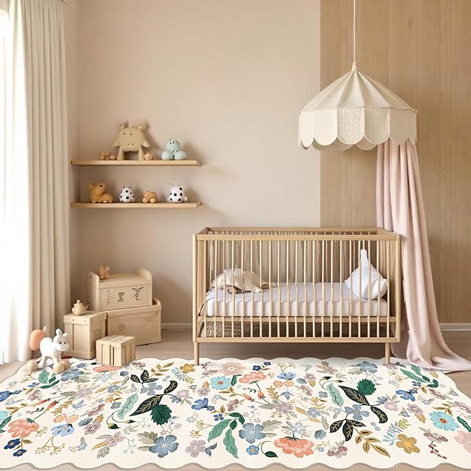 Hallway 4x10 Washable Area Rugs: Indoor Floral Scalloped Rug for Kitchen Entryway Farmhouse Nursery Bathroom Soft Carpet with Non Slip Backing Water Resistant Thin Laudry Floor Mat (4x10,Cream)
