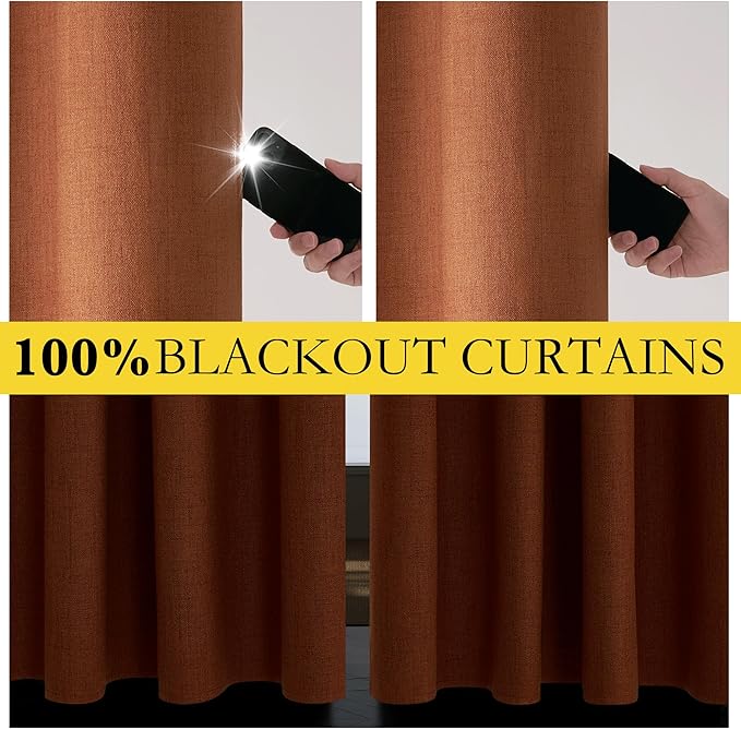 NICETOWN 100% Absolutely Blackout Linen Curtains with Thermal Insulated Liner, Terracotta, 52" Wide, 2 Panels, 84 inches Long Drapes, Grommet Retro Linen Curtains Vertical Drapes Privacy for Bedroom