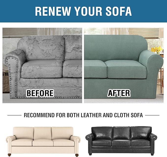 H.VERSAILTEX 4 Piece Stretch Sofa Covers for 3 Cushion Couch Covers for Living Room Furniture Slipcovers (Base Cover Plus 3 Seat Cushion Covers) Upgraded Thicker Jacquard Fabric (XL Sofa, Sage)