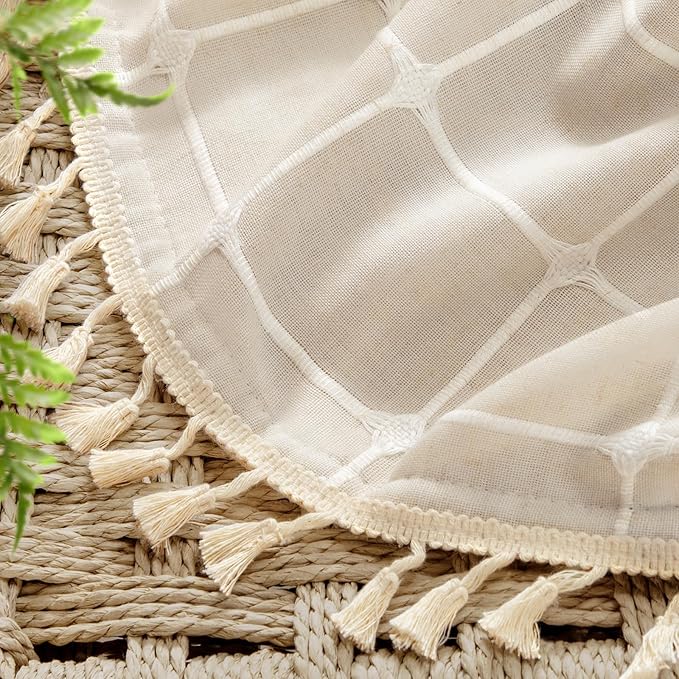 Boho Blackout White Plaid Curtains 84 Inch Beige Linen Blend Drapes with Tassels 2 Panels, Cotton Embroidered Farmhouse Curtains for Living Room Bedroom Rustic Vintage Decor