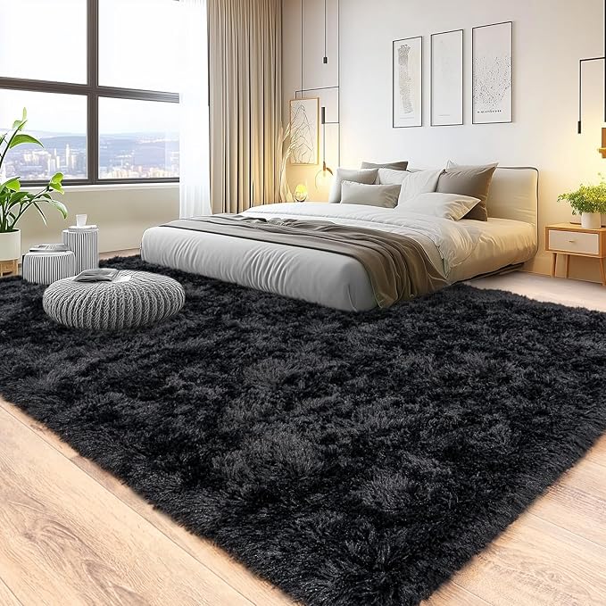 Pionblank 8x10 Rug for Living Room, Fuzzy Plush Large Area Rug, Fluffy Modern Shag Non Slip Soft Furry Carpet for Bedroom Kids Room Nursery Teens Dorm Home Decor, Black