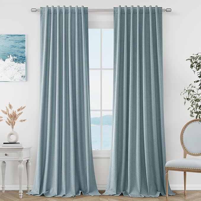 Guken Blue 100% Blackout Linen Curtains 120 Inch Length 2 Panels Set for Living Room Bedroom Back Tab Rod Pocket Thermal Insulated Black Out Drapes Room Darkening Farmhouse Window Curtains 52x120