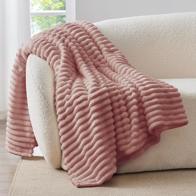 BEDELITE Fleece Throw Blanket for Couch - 300GSM Soft & Warm Fluffy Dusty Pink Blanket, Decorative and Giftable Striped Blankets for Women, Men, 50"x70"