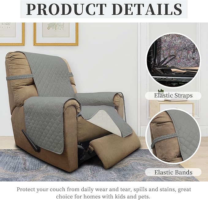 ISSUNTEX Double Protection 100% Waterproof Recliner Covers for Living Room, Reversible Furniture Protector Recliner Couch Sofa Slipcover for Dogs, Pets, Kids (Recliner, Light Gray/Ivory)