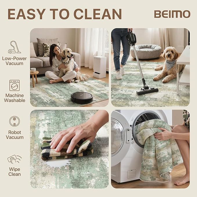 BEIMO Reversible 6x9 Area Rugs for Living Room, Modern Abstract Dual-Sided Carpet, Machine Washable Soft Low Pile Rug for Bedroom Dining Room, Includes Non-Slip Rug Pad, Green & Grey
