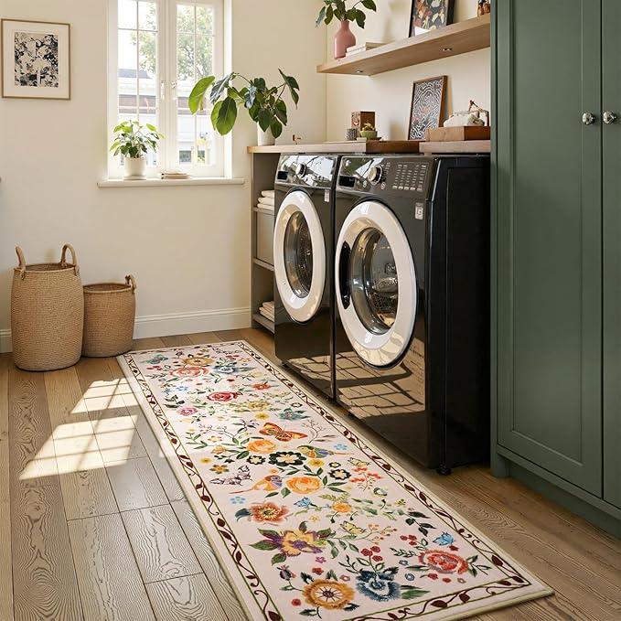 Rugflix 2x6 Runner Rug for Hallway, Washable Kitchen Runner Non Slip, Soft Low Pile Entryway Carpet, Vintage Floral Stain Resistant Long Laundry Room Rugs for Bedroom, Stairs, Beige