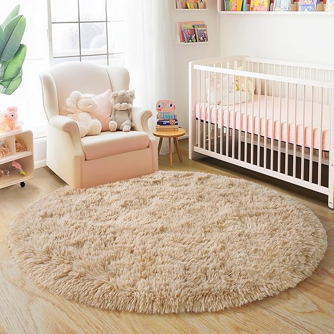 6‘x6’ Beige Round Rug for Bedroom, Ultra Soft Fluffy Circle Rug for Kids Girls Boys Room, Cute Shag Rugs for Living Room Playroom Tent Castle Home Decor Rug