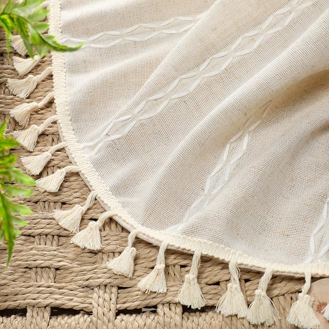 Boho Blackout Curtains 72 Inches Long Beige Linen Blend 2 Panels with Tassels and Cotton Embroidery, Farmhouse Vintage Rustic Rod Pocket Drapes for Living Room or Bedroom