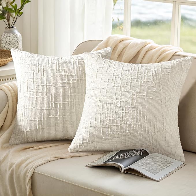 decorUhome Summer Cream White Chenille Throw Pillow Covers 16x16 Set of 2 Textured Soft Cozy Slubby Couch Pillow Covers Modern Farmhouse Boho Decorative Pillow Cases for Bed Sofa Living Room