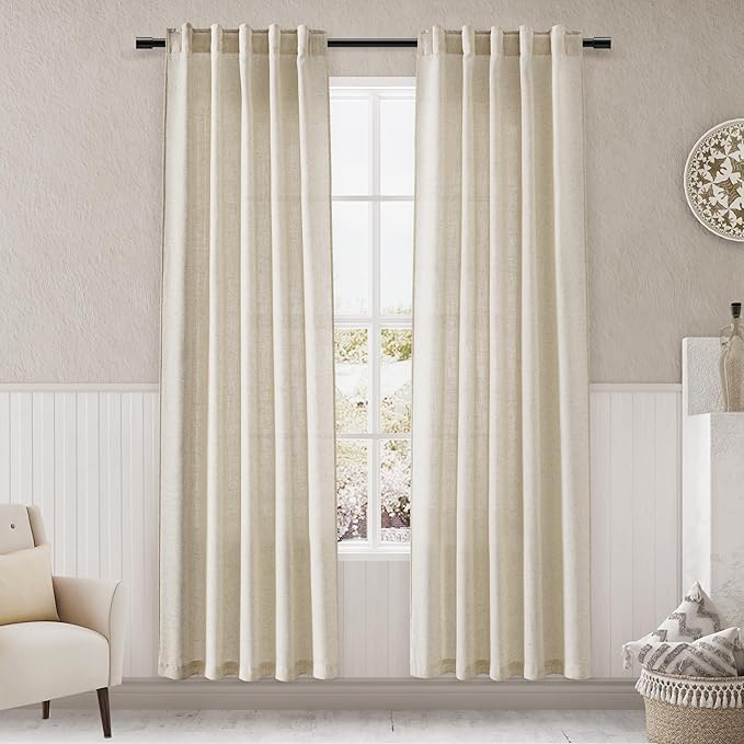 Beige Linen Curtains 80 inches Long for Loving Room Back Tab Light Filtering Privacy Sheer Curtains Rustic Farmhouse Bedroom Decor Cotton Textured Gauze Curtain 2 Panel Set 38x80