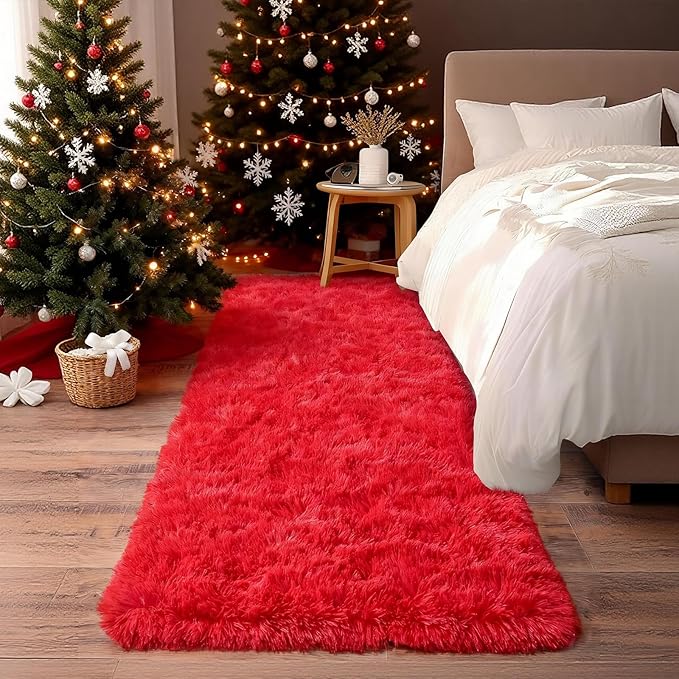 Soft Runner Rugs for Bedroom Hallways, 2x6 Red Fluffy Shag Throw Area Rug Non Slip for Bedside Dorm, Long Shaggy Furry Carpet for Nursery Living Room