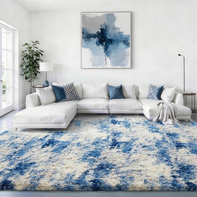 Ophanie Blue White and Grey Area Rugs for Living Room 9x12, Fluffy Shag Large Fuzzy Plush Soft Carpets, Floor Shaggy Rugs for Bedroom, Carpet for Kids Boys Girls Dorm Nursery Home Decor Aesthetic