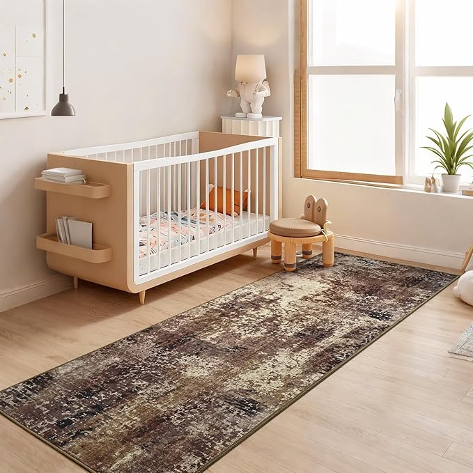 Runner Rug for Kitchen Coffee Hallways Runner Rug Non Slip 2'6''x8' Washable Brown Long Runner Rugs with Rubber Backing Soft Abstract Carpet Runner for Entryway, Kitchen, Bedroom, Bathroom
