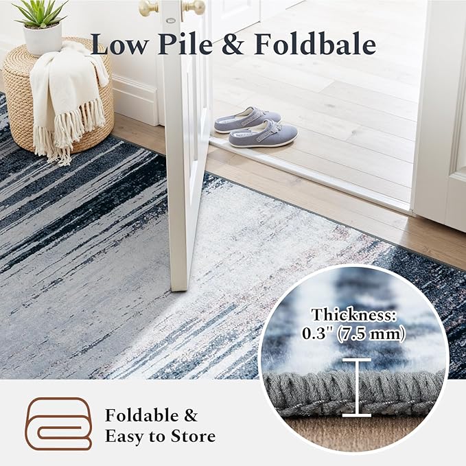 Rugflix 9x12 Large Area Rug, Washable Rug for Living Room, Non Slip, Soft Low Pile, Modern Abstract Blue Grey Indoor Carpet for Bedroom, Dining Room, Home Office, Large Room