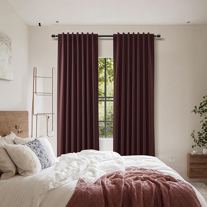 Guken 100% Blackout Curtains 90 Inch Length 2 Panels Set for Living Room Bedroom Back Tab Thermal Insulated Black Out Linen Drapes Room Darkening Reddish Brown,52x90
