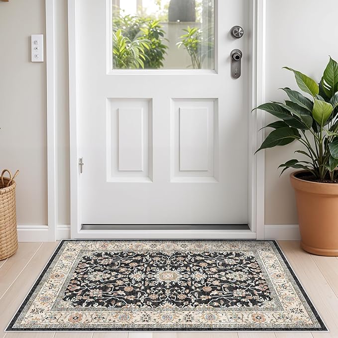 2x3 Washable Hallway Runner Rug - Non-Slip Stain Resistant Runner Rug Durable Kitchen Rugs and Mats Non Skid Waterproof Indoor Carpet Ultra Soft Runner for Living Room Bedroom Bathroom (Black, 2X3)