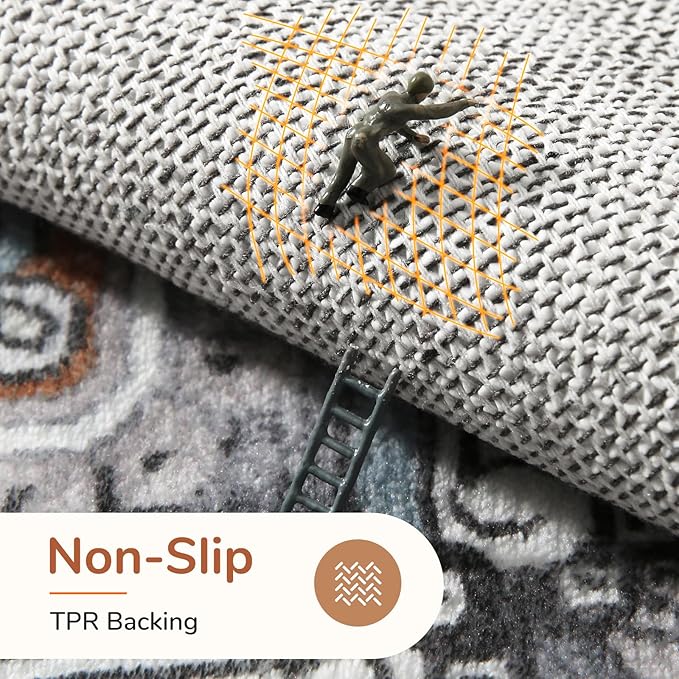 OPPODREAM Soft Area Rugs 4x6, Low-Pile Washable Rugs 4x6 with Non Slip Backing, Faux Cashmere 4 x 6 Throw Carpet, Grey & Teal & Yellow