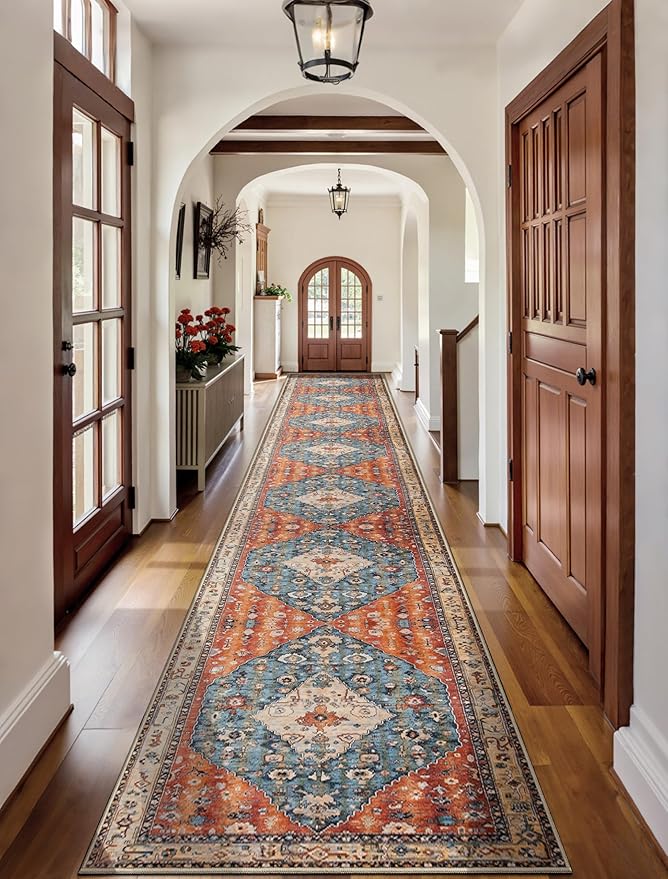 SERISSA Runner Rug for Hallways, 2'6"x18' Washable Non Slip Kitchen Runner Rug, Extra Long Boho Rug Ultra Soft Vintage Tribal Print Floor Carpet for Hallway Living Room Dining Room Bedroom