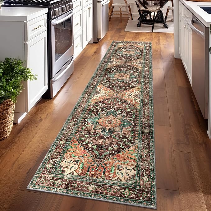 Yamaziot Washable Runner Rug, 2x8 Non-Slip Boho Vintage Hallway Rug Runner with Rubber Backing, Stain Resistant & Low Pile Faux Wool Distressed Carpet Runner for Bedroom, Kitchen, Laundry, Entrance
