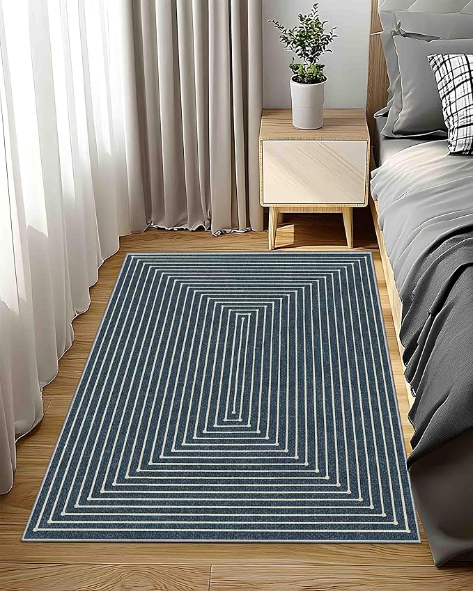 Latte&Fog 3x5 Entryway Rug Indoor, Modern Abstract Washable Area Rug, Boho Non Slip Low Pile Throw Carpet for Indoor Bedroom Bedside, Kitchen, Entry and Living Room - Blue
