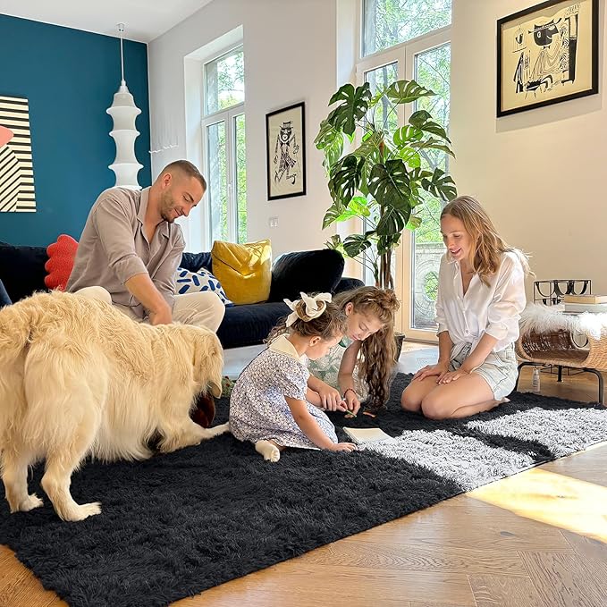 OLANLY 7x10 Machine Washable Large Area Rugs for Living Room, Bedroom, Soft Fluffy Shaggy Bedside Rug, Indoor Floor Carpet for Kids Girls and Boys, Dorms, Nursery, Home Decor Aesthetic, Black
