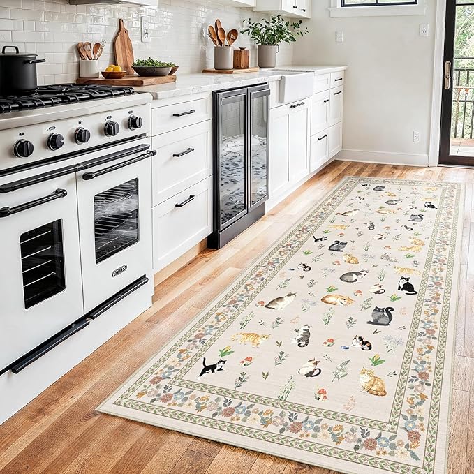 3x7 Washable Kitchen Runner Rug - Soft Low Pile Floral Animal Cat Print Rugs with Non-Slip Backing Waterproof Stain-Resistant Indoor Carpet for Hallway Entryway Bathroom Bedroom (Light Beige)