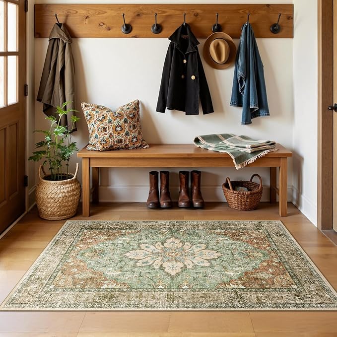 RELEANY Area Rugs 3'x5' Washable Non-Slip, Floral Vintage Distress Print Pattern Medallion Carpet for Living Room Bedroom Dining Room, Brick Red Rust Neutral Brown Burnt Orange Green
