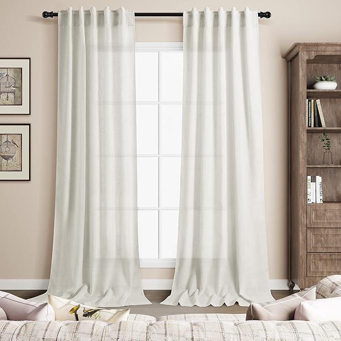 38 inches Wide Back Tab Linen Curtains 96 inches Long 2 Panels Set for Living Room Sliding Glass Door Ivory Cream Sheer Curtains Neutral Rustic Farmhouse Linen Drapes Floor to Ceiling Length