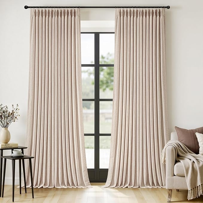 MIULEE Pinch Pleated Thick Linen Curtains 108 Inches Length 2 Panels for Living Room Bedroom, Extra Long Memory Trained Pinch Pleat Drapes Light Filtering Sand Beige Foor to Ceiling Curtains