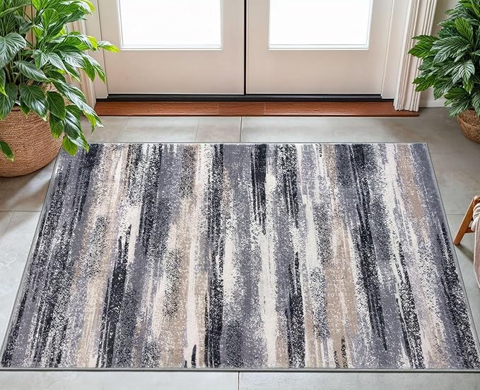 Lansny Modern Abstract Small Area Rug Indoor 3x5 Washable Rug Non-Slip Soft Entryway Rug Grey Black Multi Kitchen Mats Thin Print Faux Wool Floor Carpet Throw Rugs for Entrance Bedroom Home Decor