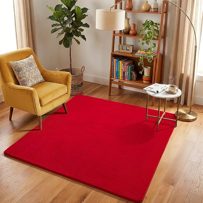 Amearea 4x4 Square Area Rugs for Bedroom Living Room, Modern Red Thickened Memory Foam Rug, Fluffy Indoor Washable Rug Non Slip Minimalist Carpet for Entryway Kids Boys Girls Dorm Nursery Room Decor