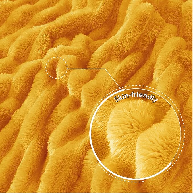 Exclusivo Mezcla Twin Size Flannel Fleece Blanket, Super Soft Striped Jacquard Bed Blanket, Lightweight Fuzzy Cozy for All Seasons, 60x80 Inches, Mustard Yellow