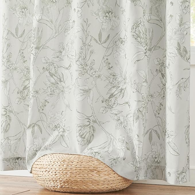 jinchan Floral Curtains 90 Inch Length Charcoal Grey Flower Linen Farmhouse Curtain for Living Room French Country Vintage Curtain Rod Pocket Curtains Set 2 Panels Gray Floral Printed