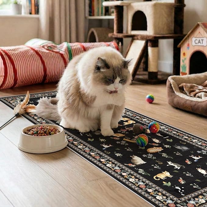 2x6 Washable Kitchen Runner Rug - Soft Low Pile Floral Animal Cat Print Rugs with Non-Slip Backing Waterproof Stain-Resistant Indoor Carpet for Hallway Entryway Bathroom Bedroom (Black)