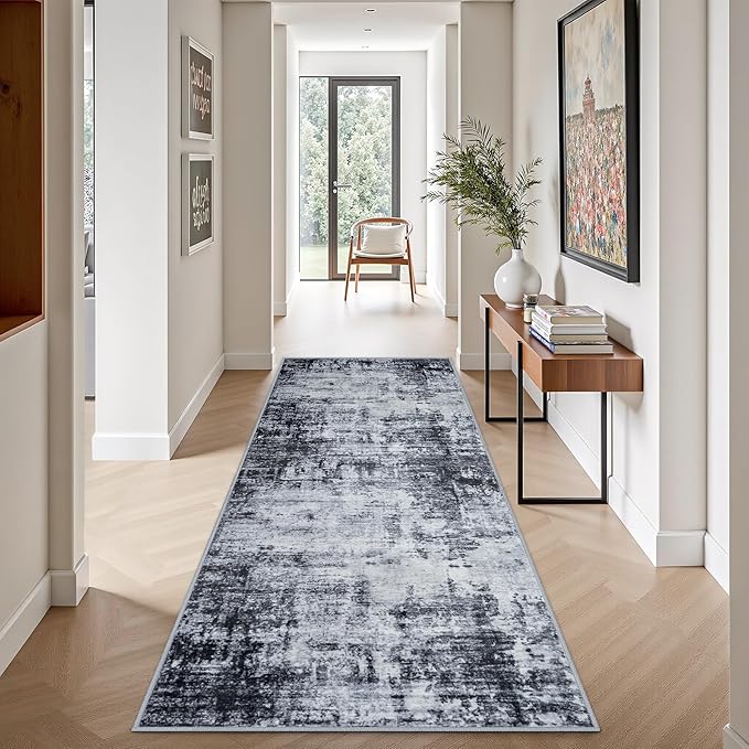 2.6'x8' Runner Rug Washable Rug;Modern Abstract Soft Thin Runner Rug Dark-Black